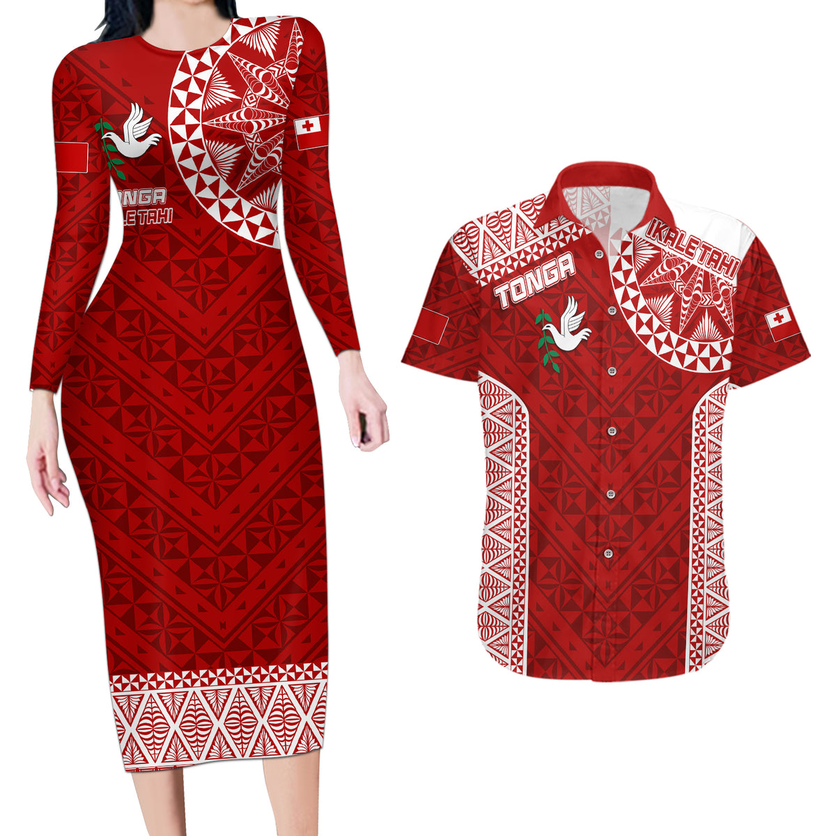 Personalised Tonga Rugby Couples Matching Long Sleeve Bodycon Dress and Hawaiian Shirt Ikale Tahi Champions World Cup 2023 LT7 - Wonder Print Shop
