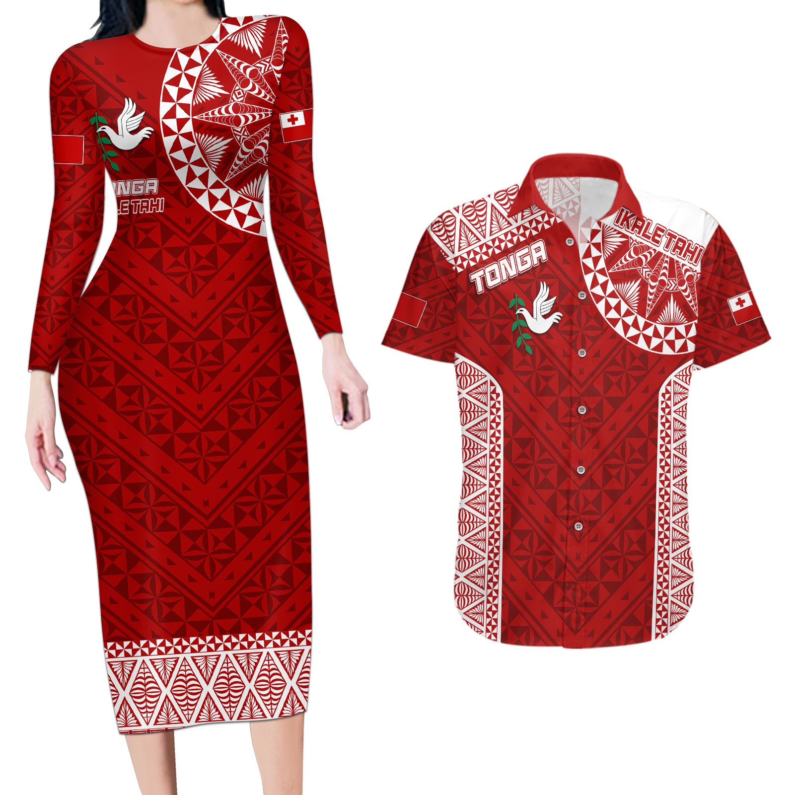 Personalised Tonga Rugby Couples Matching Long Sleeve Bodycon Dress and Hawaiian Shirt Ikale Tahi Champions World Cup 2023 LT7 - Wonder Print Shop
