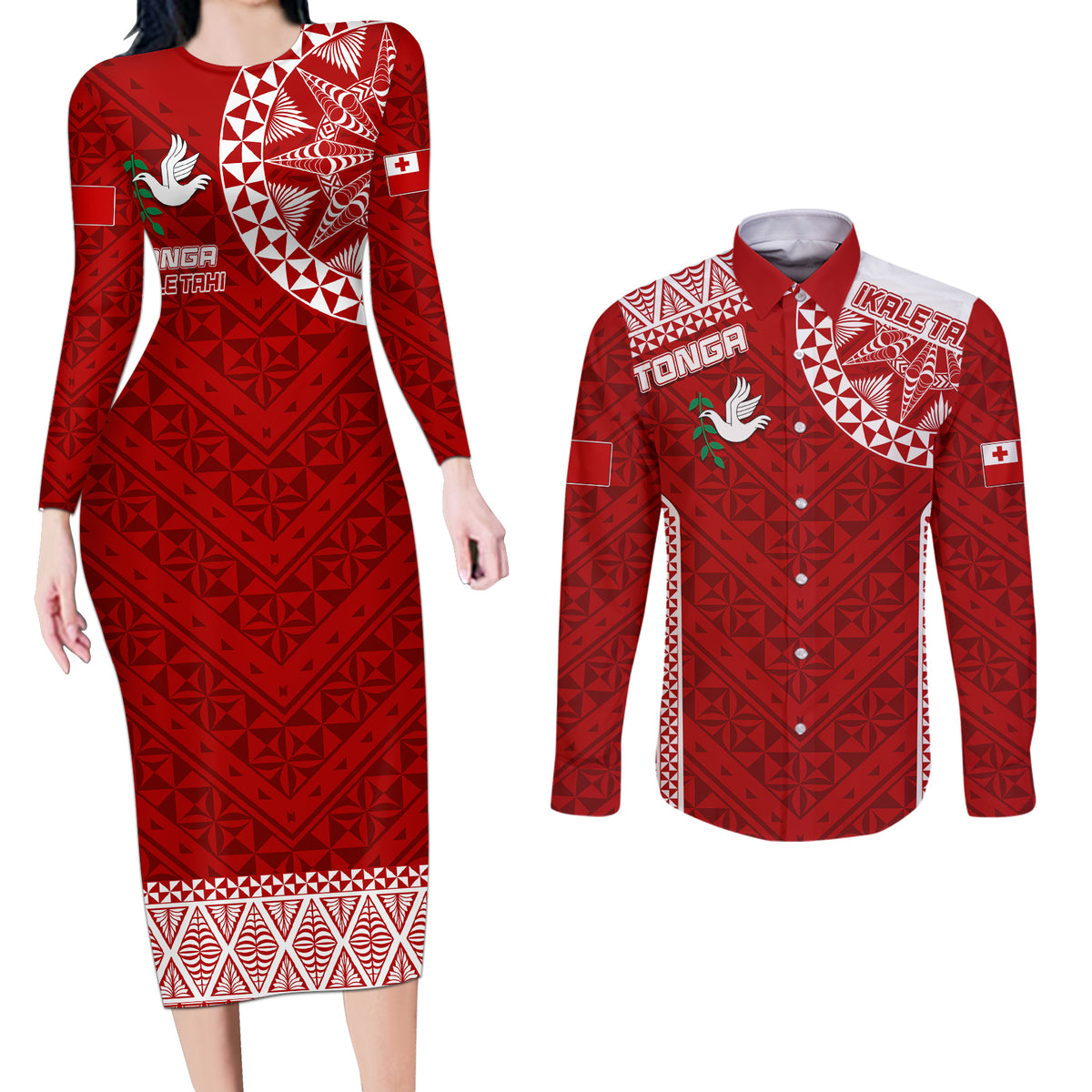 Personalised Tonga Rugby Couples Matching Long Sleeve Bodycon Dress and Long Sleeve Button Shirts Ikale Tahi Champions World Cup 2023 LT7 - Wonder Print Shop