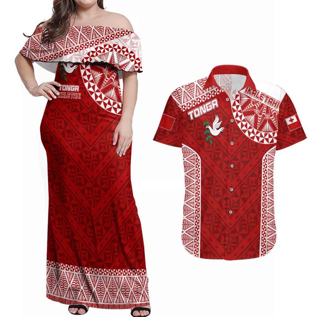 Personalised Tonga Rugby Couples Matching Off Shoulder Maxi Dress and Hawaiian Shirt Ikale Tahi Champions World Cup 2023 LT7 - Wonder Print Shop