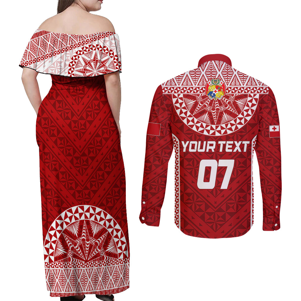 Personalised Tonga Rugby Couples Matching Off Shoulder Maxi Dress and Long Sleeve Button Shirts Ikale Tahi Champions World Cup 2023 LT7 - Wonder Print Shop