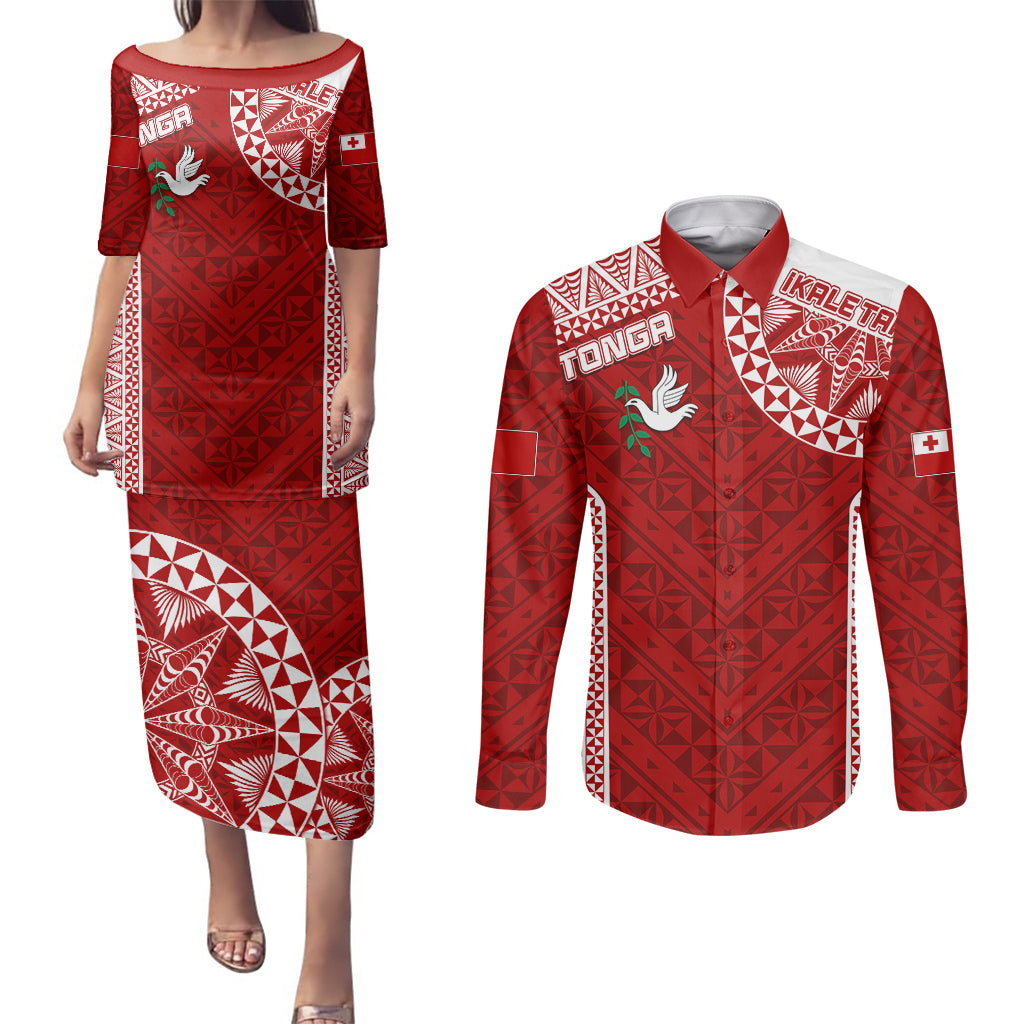 Personalised Tonga Rugby Couples Matching Puletasi Dress and Long Sleeve Button Shirts Ikale Tahi Champions World Cup 2023 LT7 - Wonder Print Shop