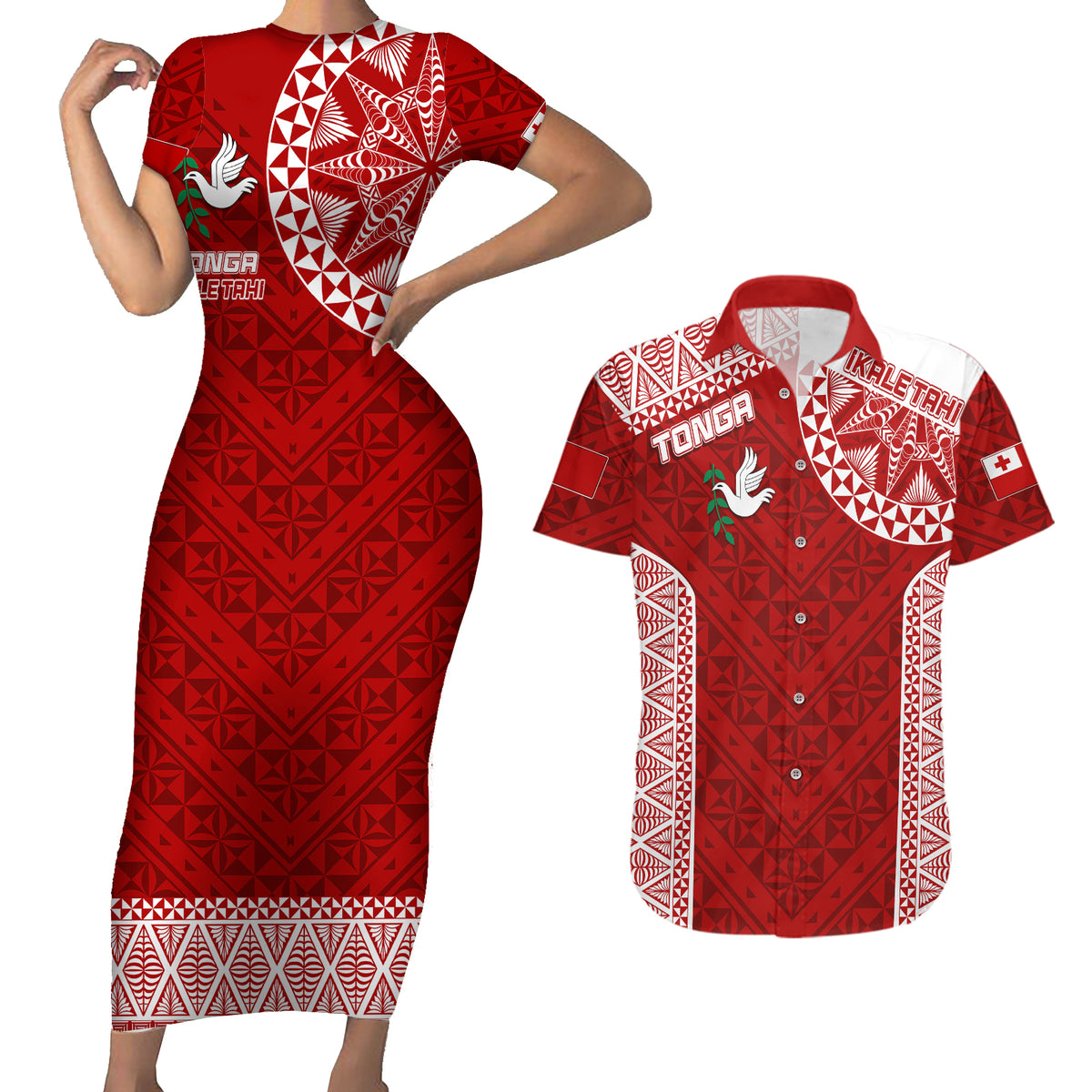 Personalised Tonga Rugby Couples Matching Short Sleeve Bodycon Dress and Hawaiian Shirt Ikale Tahi Champions World Cup 2023 LT7 - Wonder Print Shop