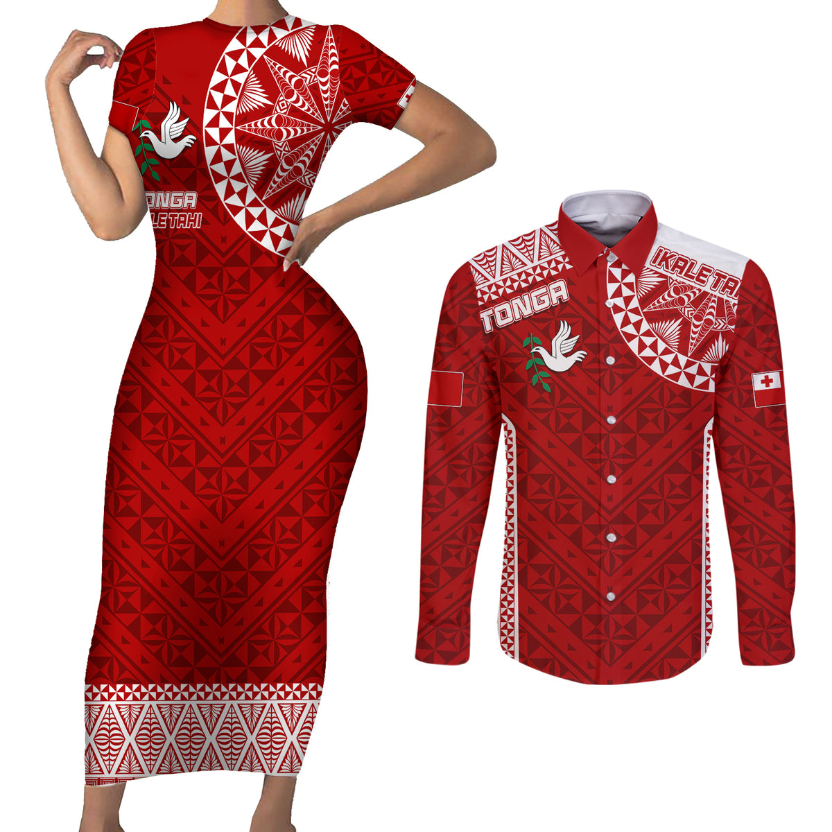 Personalised Tonga Rugby Couples Matching Short Sleeve Bodycon Dress and Long Sleeve Button Shirts Ikale Tahi Champions World Cup 2023 LT7 - Wonder Print Shop