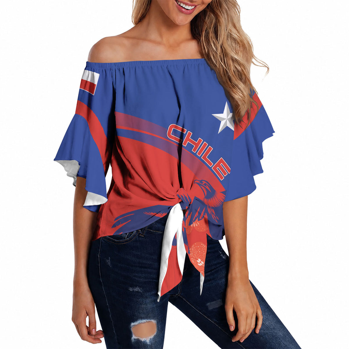 Chile Rugby Custom Los Condores Off Shoulder Wrap Waist Top Copihue Motifs
