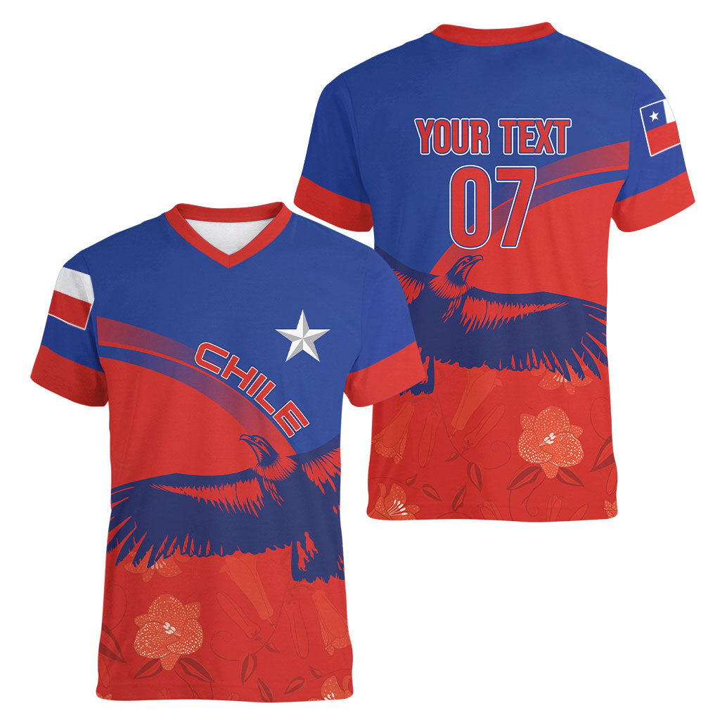 Chile Rugby Custom Los Condores Women V-Neck T-Shirt Copihue Motifs