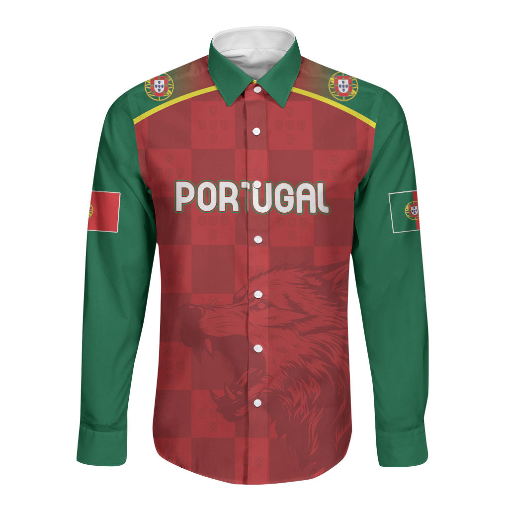 Portugal Rugby Custom Os Lobos Long Sleeve Button Shirt Bandeira das Quinas Inspired
