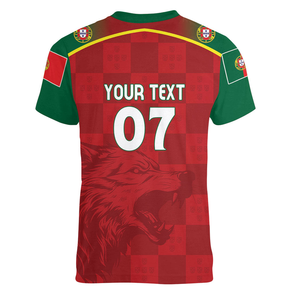 Portugal Rugby Custom Os Lobos Women V-Neck T-Shirt Bandeira das Quinas Inspired