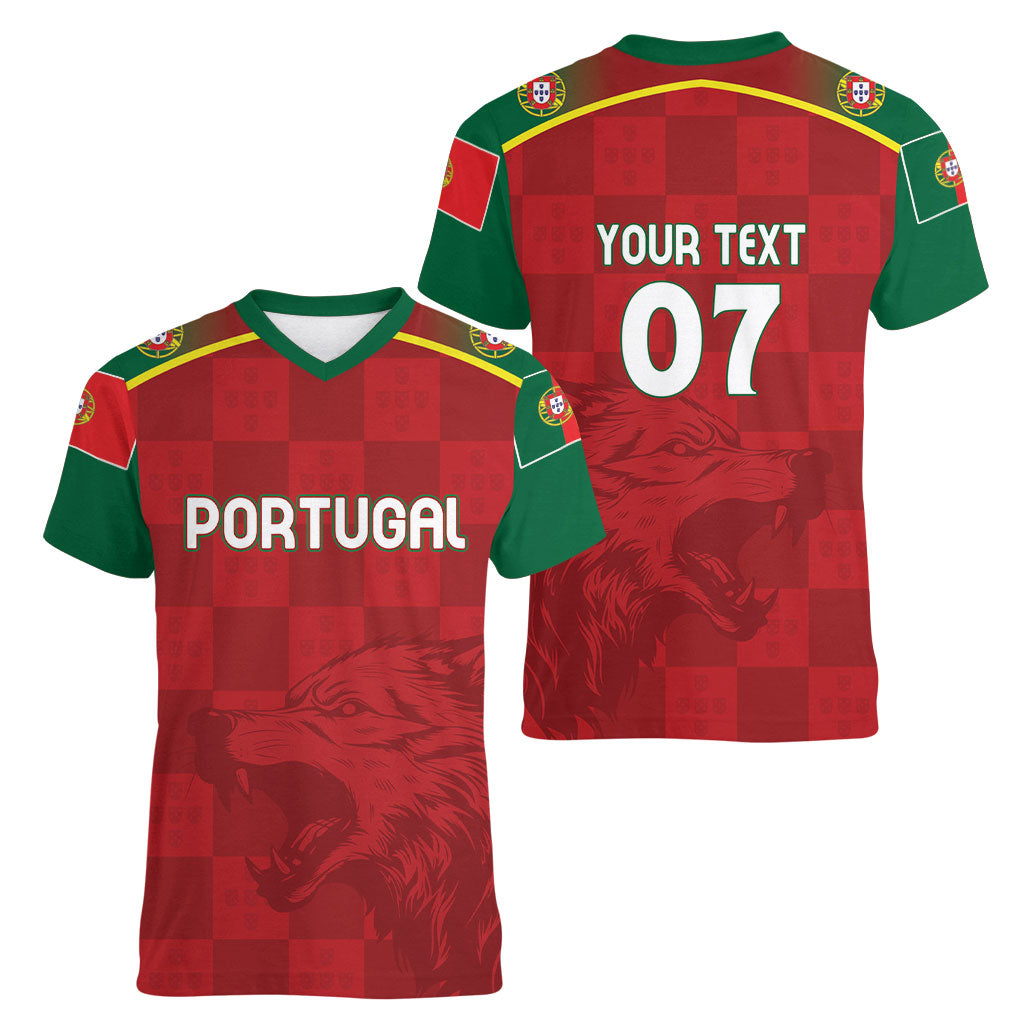 Portugal Rugby Custom Os Lobos Women V-Neck T-Shirt Bandeira das Quinas Inspired