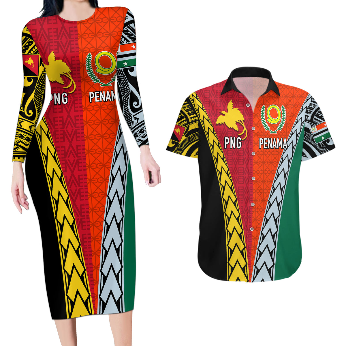 Personalised Papua New Guinea Mix Penama Couples Matching Long Sleeve Bodycon Dress and Hawaiian Shirt Tribal Patterns Half-Half Style LT7 - Wonder Print Shop