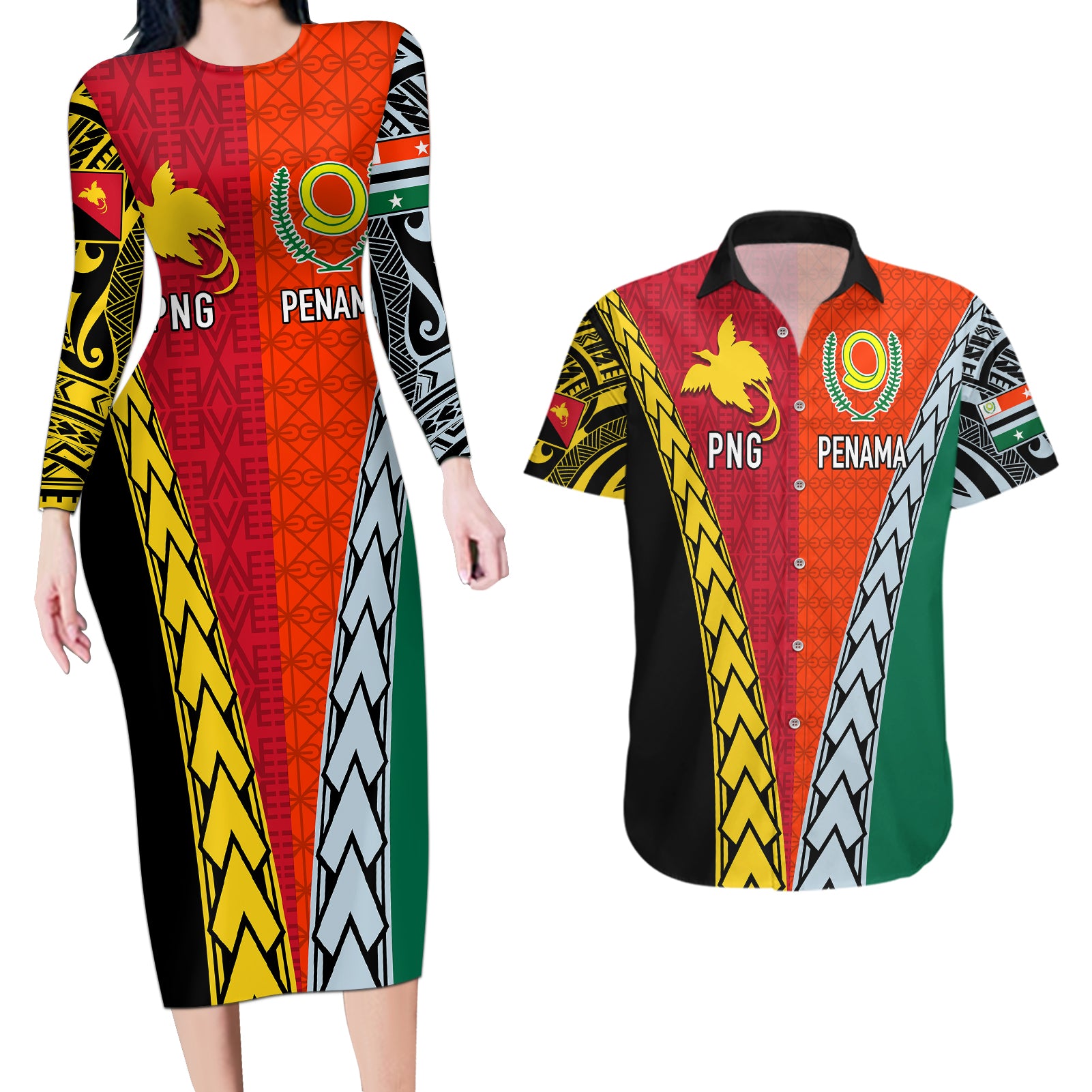Personalised Papua New Guinea Mix Penama Couples Matching Long Sleeve Bodycon Dress and Hawaiian Shirt Tribal Patterns Half-Half Style LT7 - Wonder Print Shop