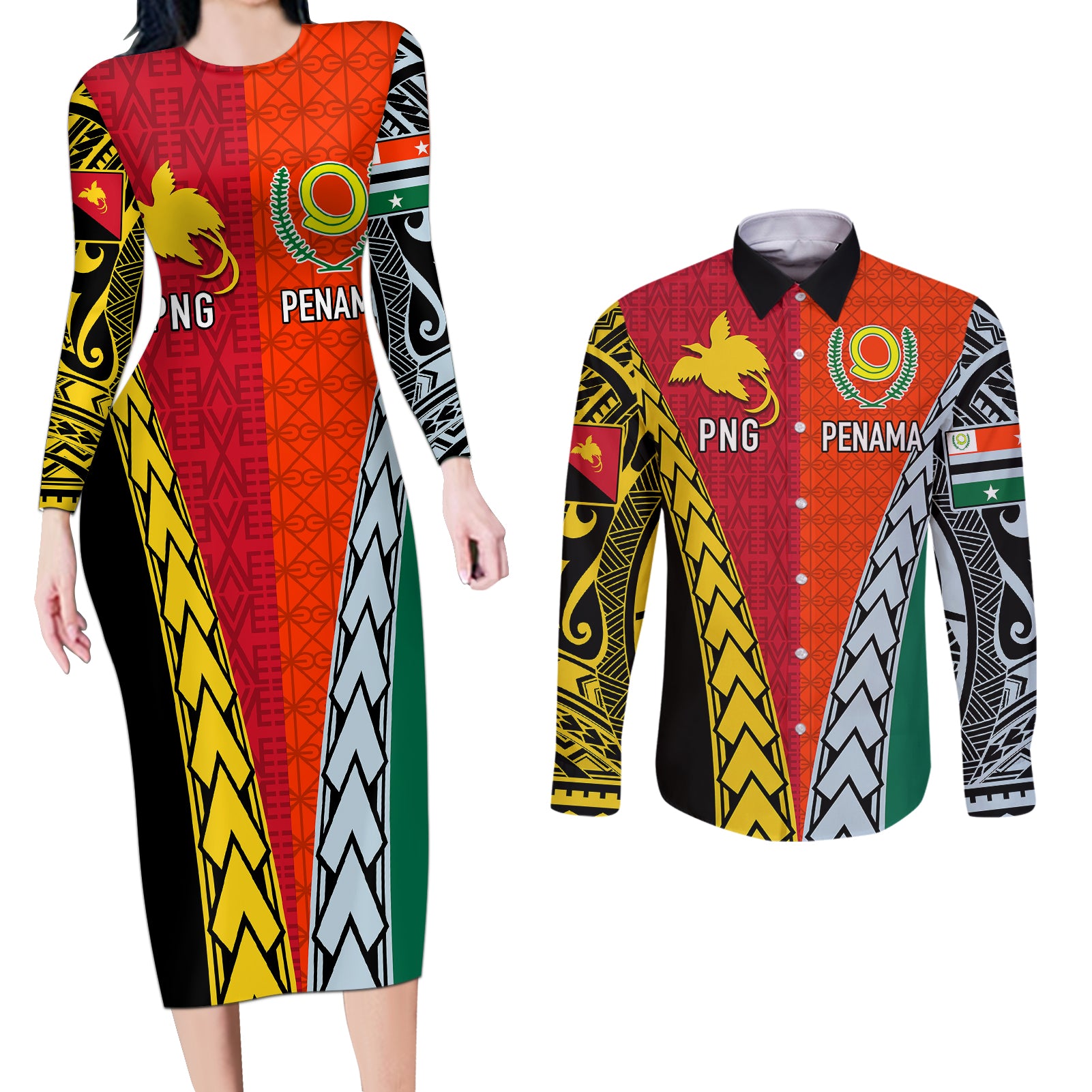 Personalised Papua New Guinea Mix Penama Couples Matching Long Sleeve Bodycon Dress and Long Sleeve Button Shirts Tribal Patterns Half-Half Style LT7 - Wonder Print Shop