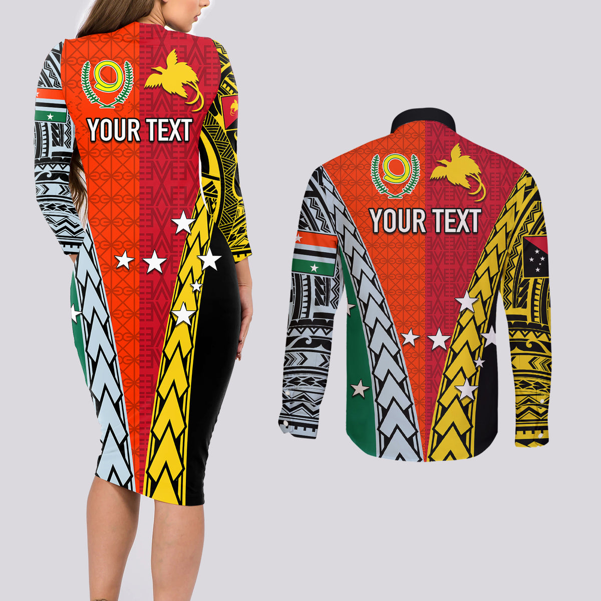 Personalised Papua New Guinea Mix Penama Couples Matching Long Sleeve Bodycon Dress and Long Sleeve Button Shirts Tribal Patterns Half-Half Style LT7 - Wonder Print Shop