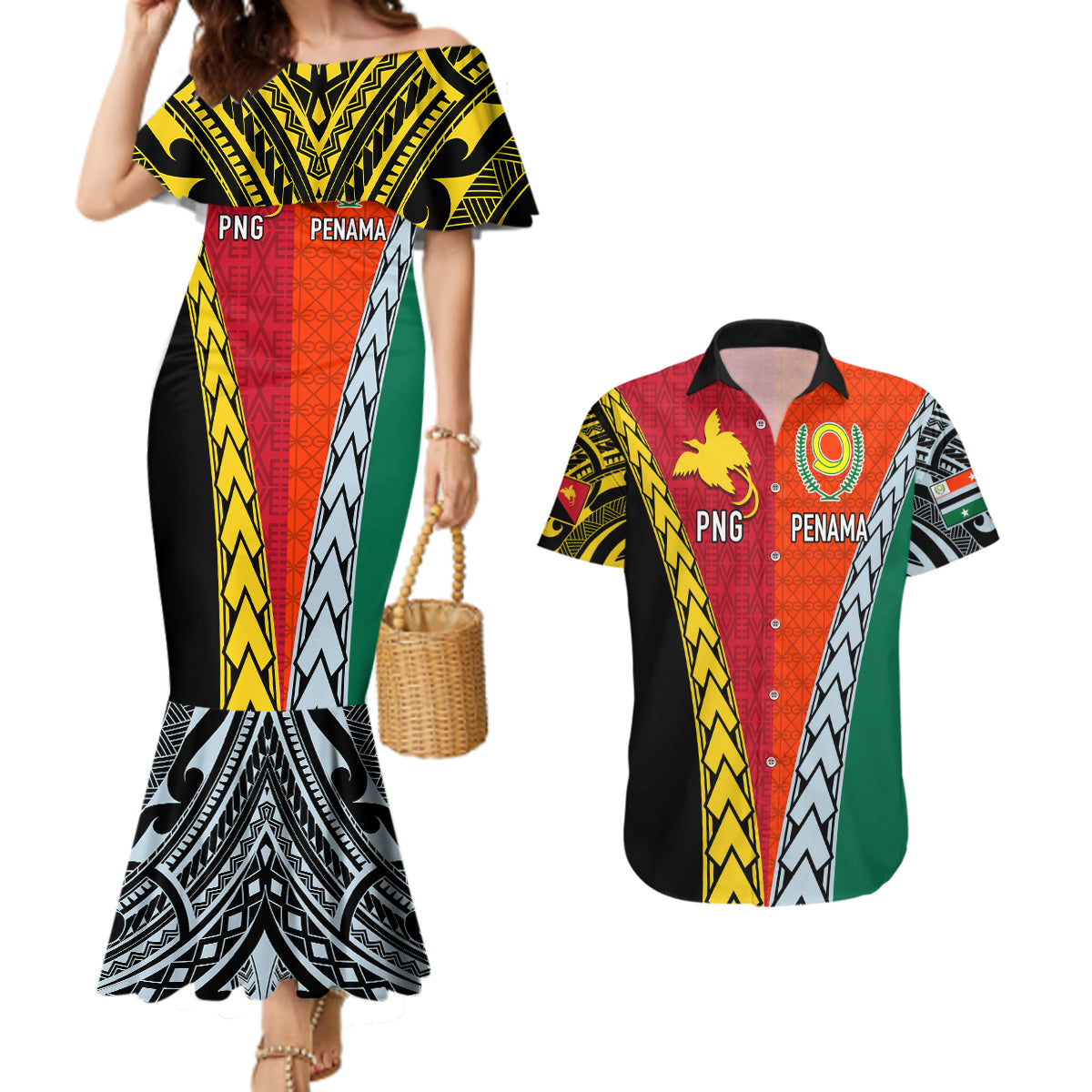 Personalised Papua New Guinea Mix Penama Couples Matching Mermaid Dress and Hawaiian Shirt Tribal Patterns Half-Half Style LT7 - Wonder Print Shop