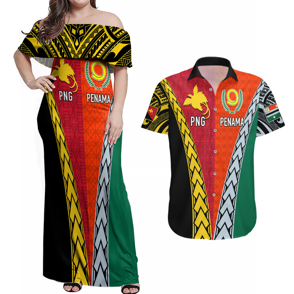 Personalised Papua New Guinea Mix Penama Couples Matching Off Shoulder Maxi Dress and Hawaiian Shirt Tribal Patterns Half-Half Style LT7 - Wonder Print Shop
