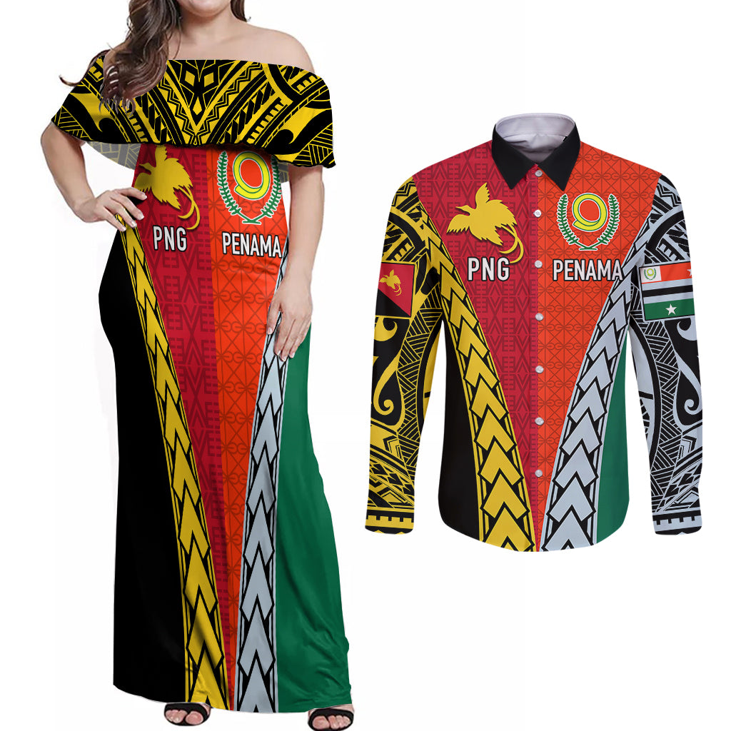 Personalised Papua New Guinea Mix Penama Couples Matching Off Shoulder Maxi Dress and Long Sleeve Button Shirts Tribal Patterns Half-Half Style LT7 - Wonder Print Shop