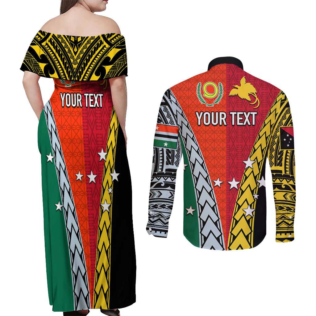 Personalised Papua New Guinea Mix Penama Couples Matching Off Shoulder Maxi Dress and Long Sleeve Button Shirts Tribal Patterns Half-Half Style LT7 - Wonder Print Shop