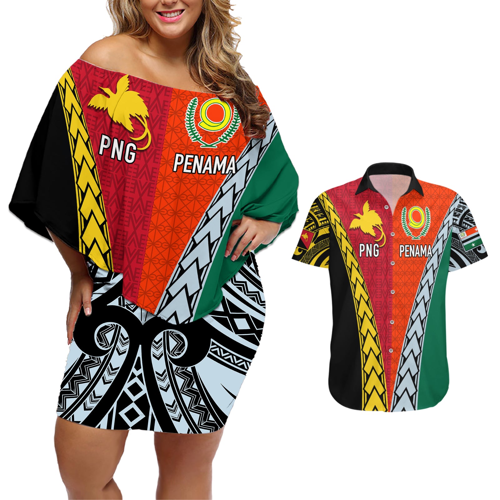 Personalised Papua New Guinea Mix Penama Couples Matching Off Shoulder Short Dress and Hawaiian Shirt Tribal Patterns Half-Half Style LT7 - Wonder Print Shop