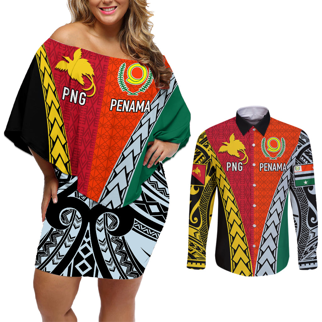 Personalised Papua New Guinea Mix Penama Couples Matching Off Shoulder Short Dress and Long Sleeve Button Shirts Tribal Patterns Half-Half Style LT7 - Wonder Print Shop