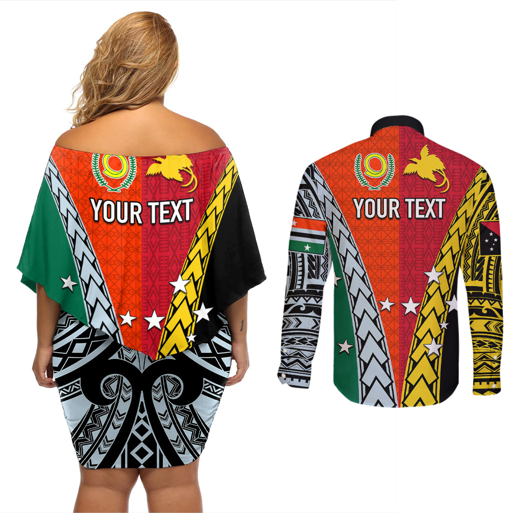 Personalised Papua New Guinea Mix Penama Couples Matching Off Shoulder Short Dress and Long Sleeve Button Shirts Tribal Patterns Half-Half Style LT7 - Wonder Print Shop