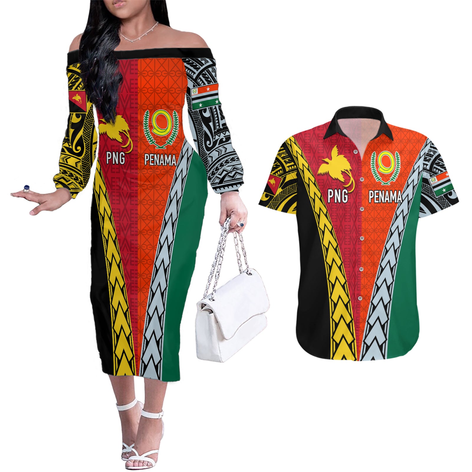 Personalised Papua New Guinea Mix Penama Couples Matching Off The Shoulder Long Sleeve Dress and Hawaiian Shirt Tribal Patterns Half-Half Style LT7 - Wonder Print Shop