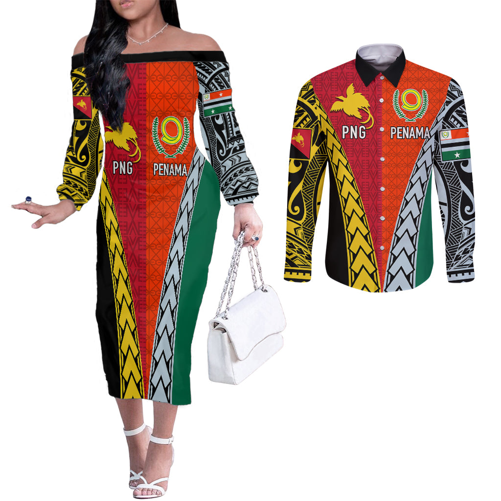 personalised-papua-new-guinea-mix-penama-couples-matching-off-the-shoulder-long-sleeve-dress-and-long-sleeve-button-shirts-tribal-patterns-half-half-style