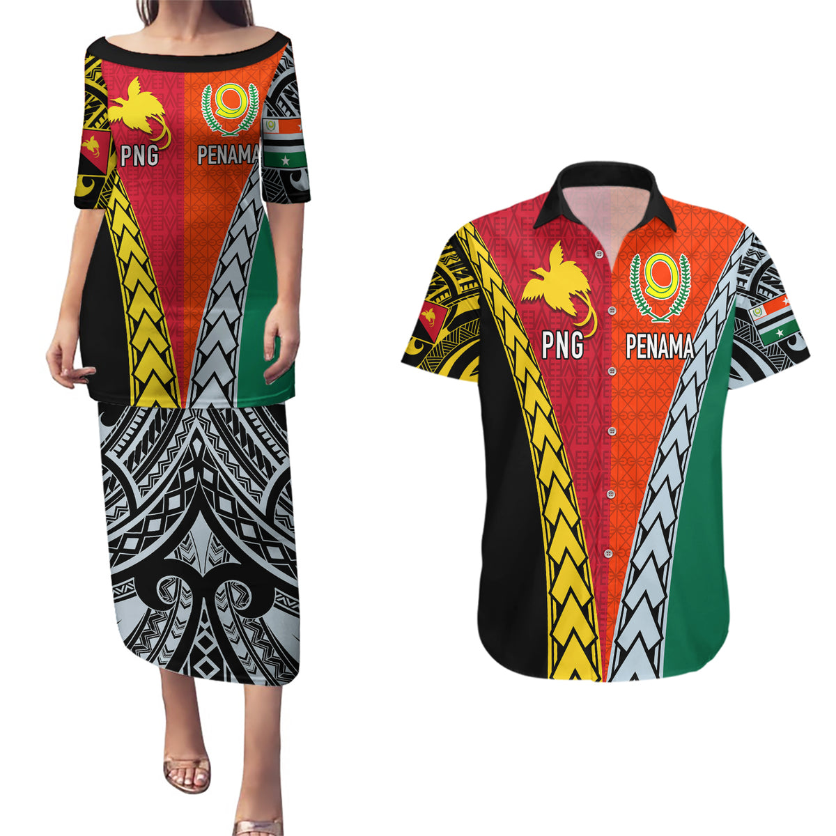 Personalised Papua New Guinea Mix Penama Couples Matching Puletasi Dress and Hawaiian Shirt Tribal Patterns Half-Half Style LT7 - Wonder Print Shop
