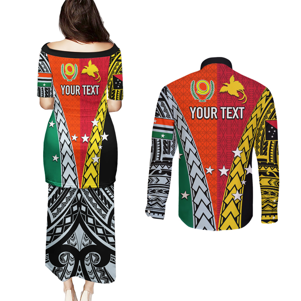 Personalised Papua New Guinea Mix Penama Couples Matching Puletasi Dress and Long Sleeve Button Shirts Tribal Patterns Half-Half Style LT7 - Wonder Print Shop