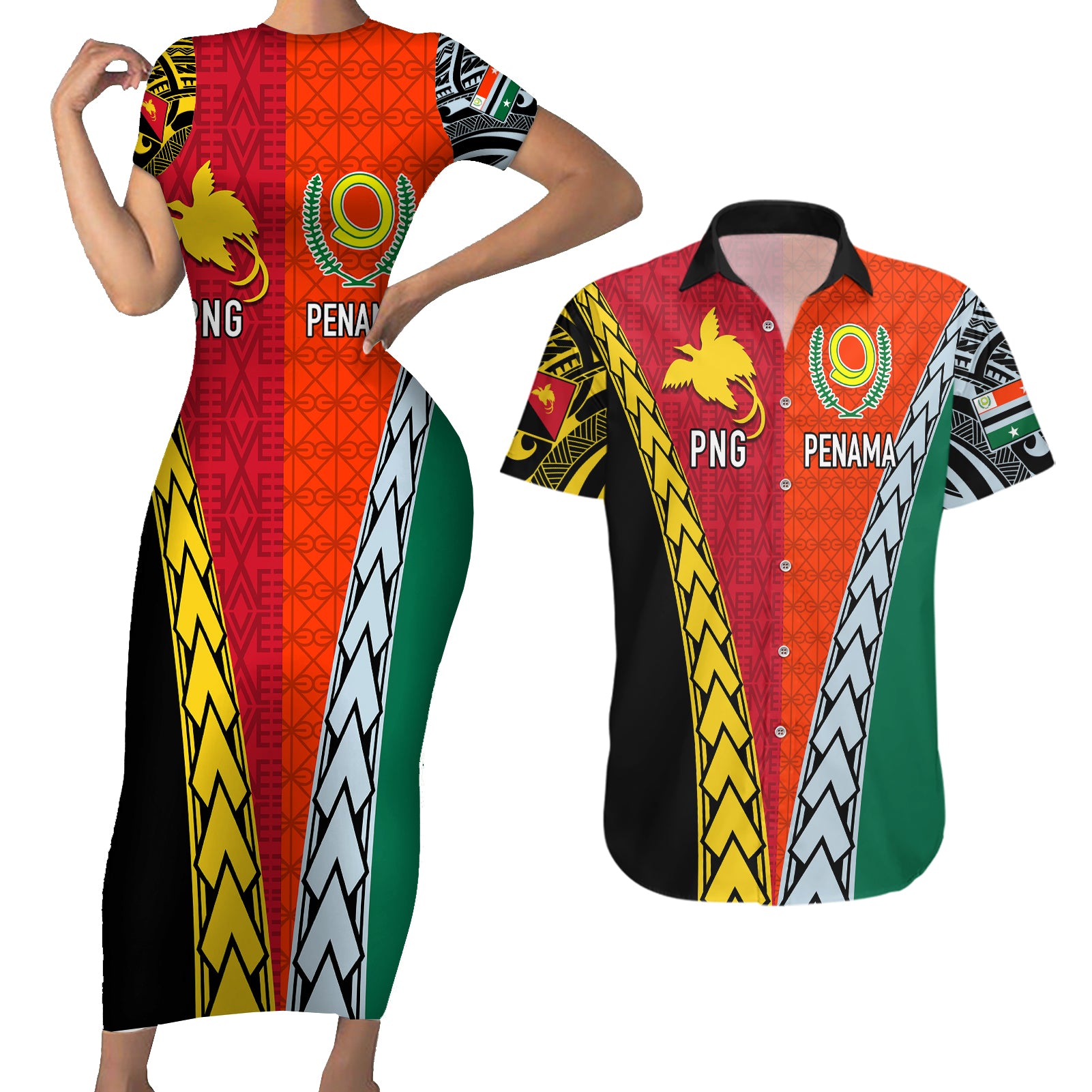 Personalised Papua New Guinea Mix Penama Couples Matching Short Sleeve Bodycon Dress and Hawaiian Shirt Tribal Patterns Half-Half Style LT7 - Wonder Print Shop