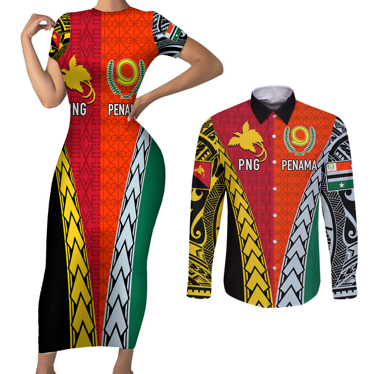 Personalised Papua New Guinea Mix Penama Couples Matching Short Sleeve Bodycon Dress and Long Sleeve Button Shirts Tribal Patterns Half-Half Style LT7 - Wonder Print Shop