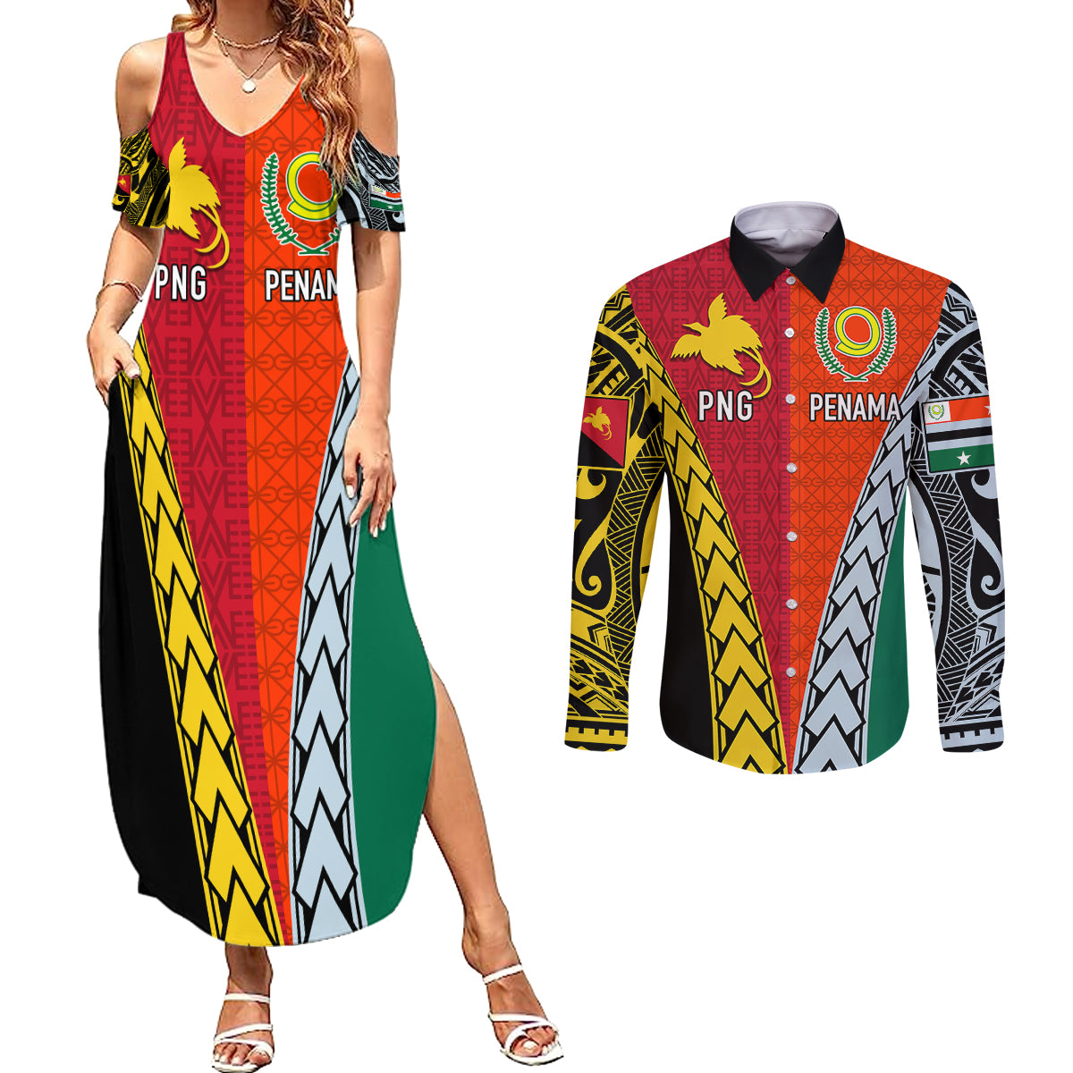 Personalised Papua New Guinea Mix Penama Couples Matching Summer Maxi Dress and Long Sleeve Button Shirts Tribal Patterns Half-Half Style LT7 - Wonder Print Shop