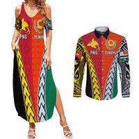 Personalised Papua New Guinea Mix Penama Couples Matching Summer Maxi Dress and Long Sleeve Button Shirts Tribal Patterns Half-Half Style LT7 - Wonder Print Shop