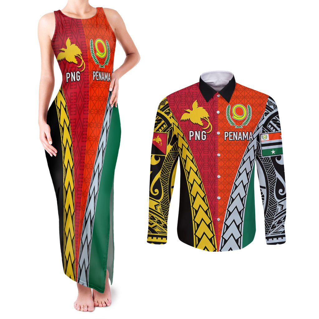 Personalised Papua New Guinea Mix Penama Couples Matching Tank Maxi Dress and Long Sleeve Button Shirts Tribal Patterns Half-Half Style LT7 - Wonder Print Shop