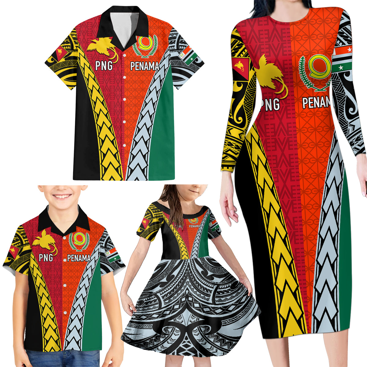Personalised Papua New Guinea Mix Penama Family Matching Long Sleeve Bodycon Dress and Hawaiian Shirt Tribal Patterns Half-Half Style LT7 - Wonder Print Shop