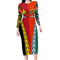 Personalised Papua New Guinea Mix Penama Family Matching Long Sleeve Bodycon Dress and Hawaiian Shirt Tribal Patterns Half-Half Style LT7 - Wonder Print Shop
