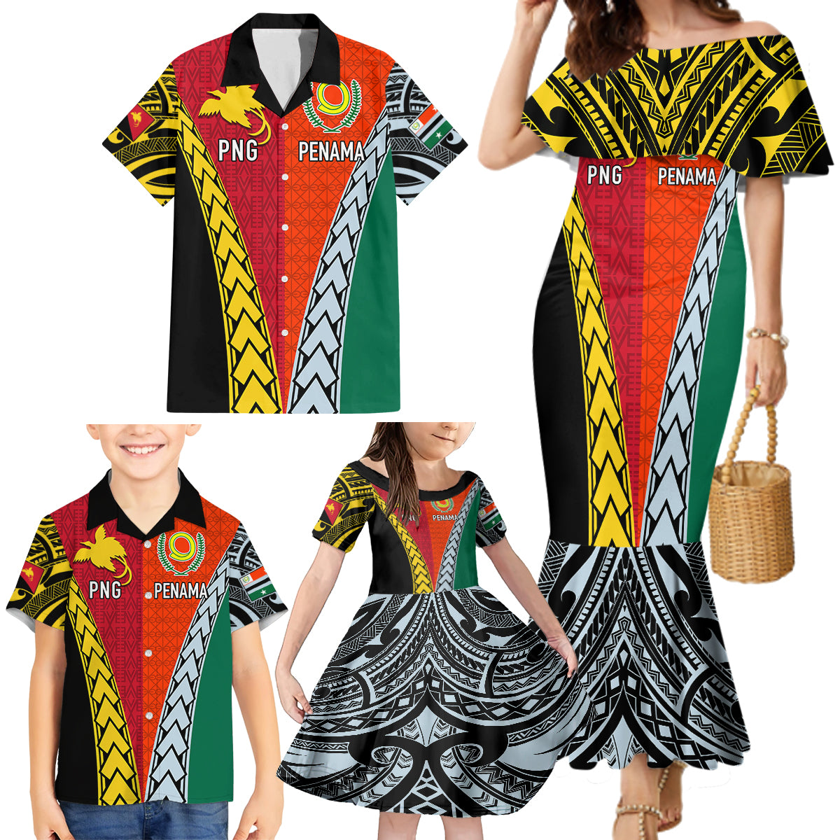 Personalised Papua New Guinea Mix Penama Family Matching Mermaid Dress and Hawaiian Shirt Tribal Patterns Half-Half Style LT7 - Wonder Print Shop