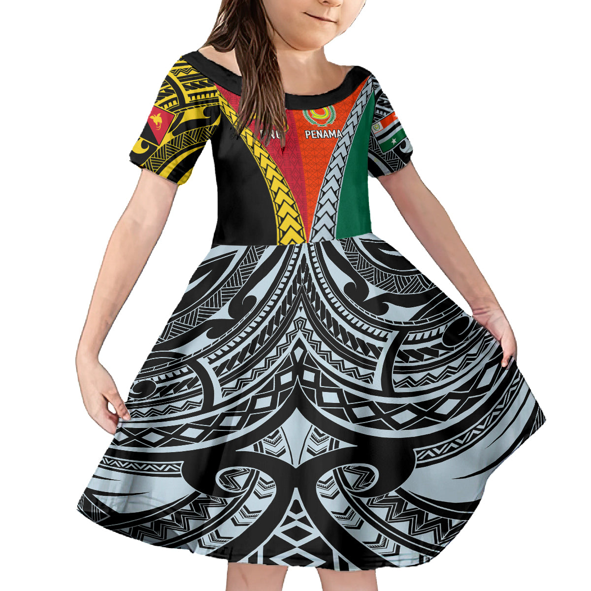 Personalised Papua New Guinea Mix Penama Family Matching Off Shoulder Long Sleeve Dress and Hawaiian Shirt Tribal Patterns Half-Half Style - Wonder Print Shop