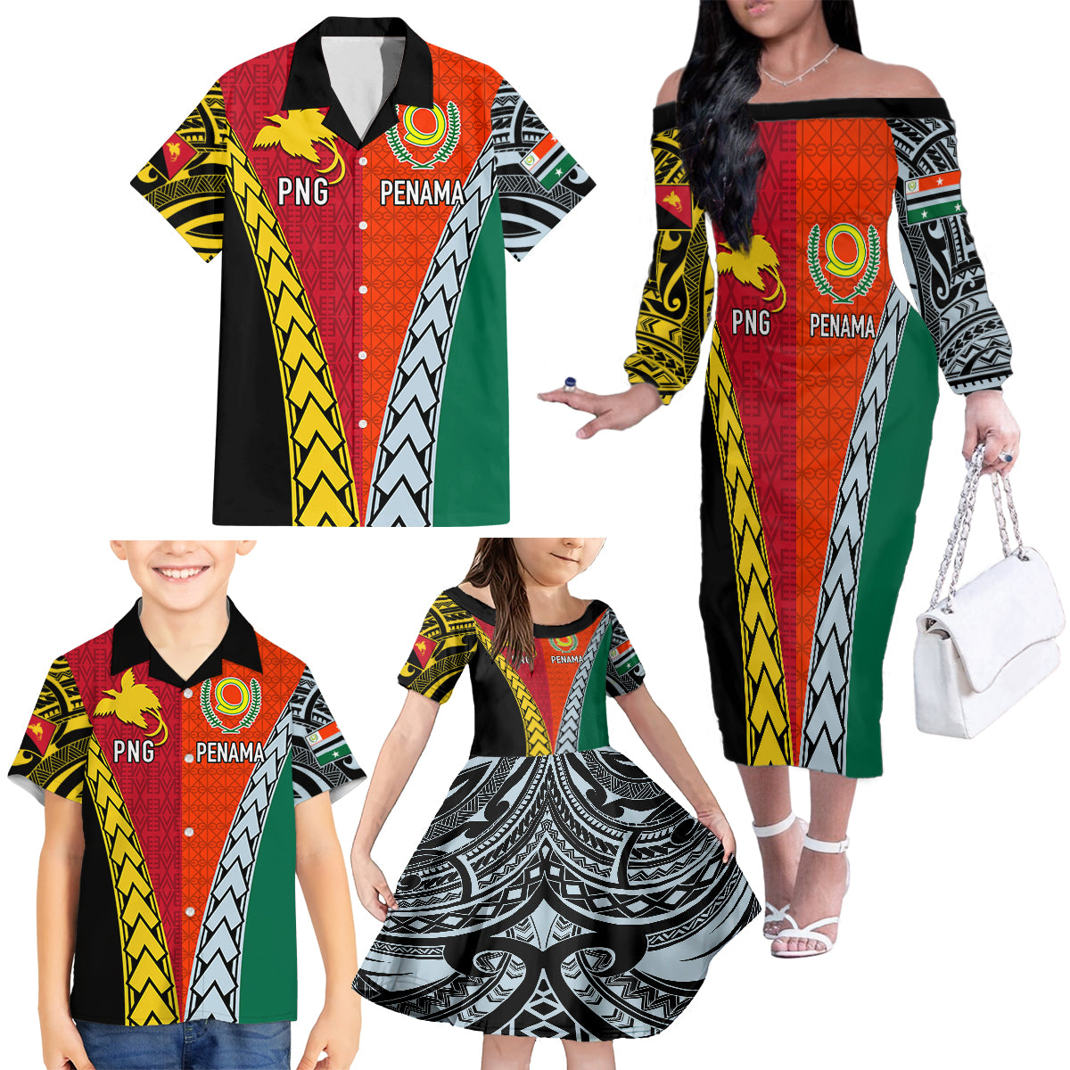 Personalised Papua New Guinea Mix Penama Family Matching Off Shoulder Long Sleeve Dress and Hawaiian Shirt Tribal Patterns Half-Half Style - Wonder Print Shop