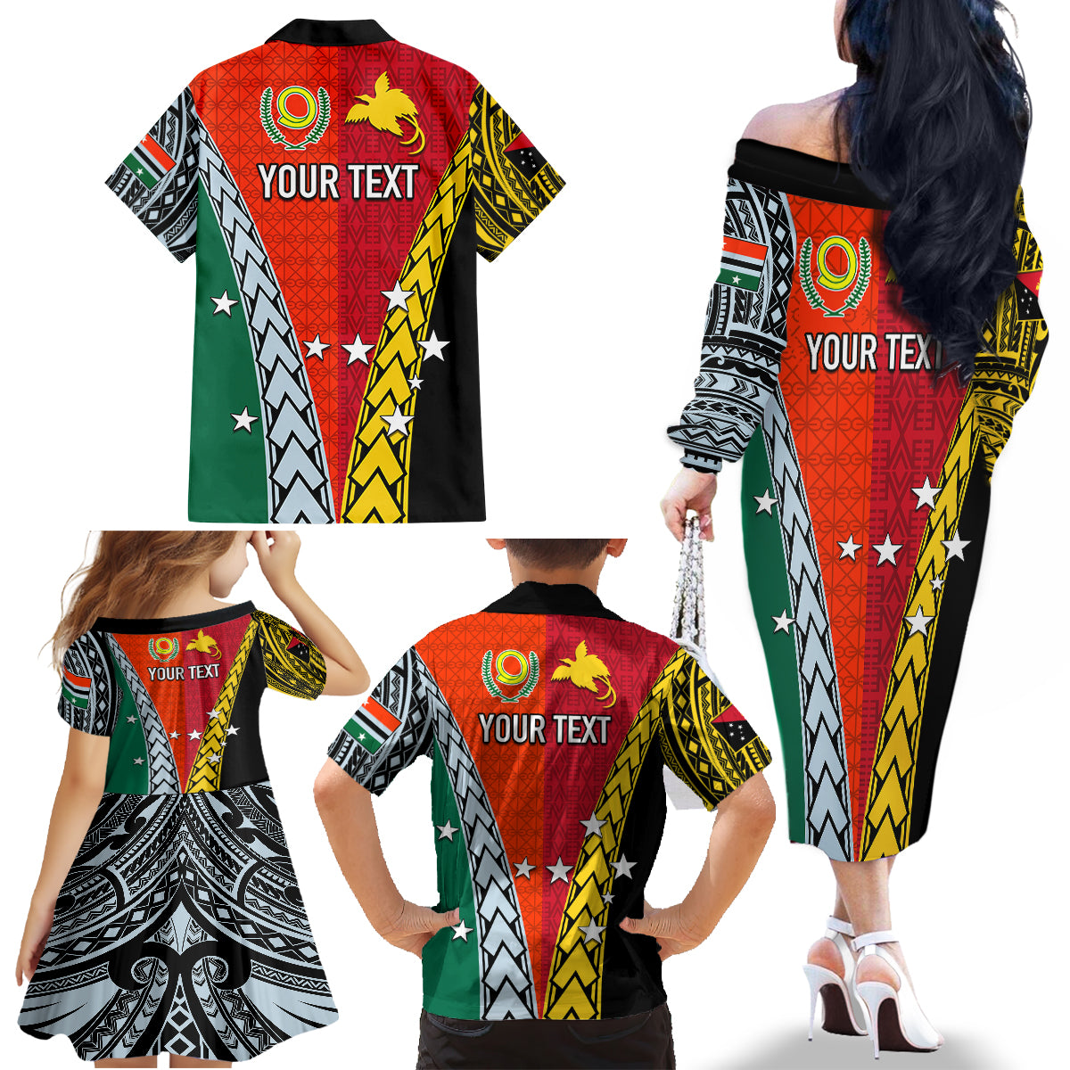 Personalised Papua New Guinea Mix Penama Family Matching Off Shoulder Long Sleeve Dress and Hawaiian Shirt Tribal Patterns Half-Half Style - Wonder Print Shop