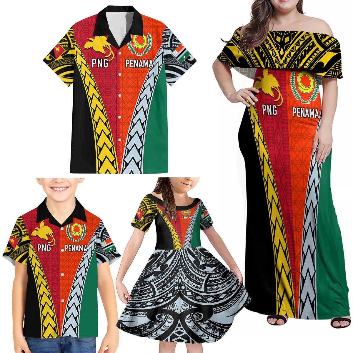 Personalised Papua New Guinea Mix Penama Family Matching Off Shoulder Maxi Dress and Hawaiian Shirt Tribal Patterns Half-Half Style LT7 - Wonder Print Shop