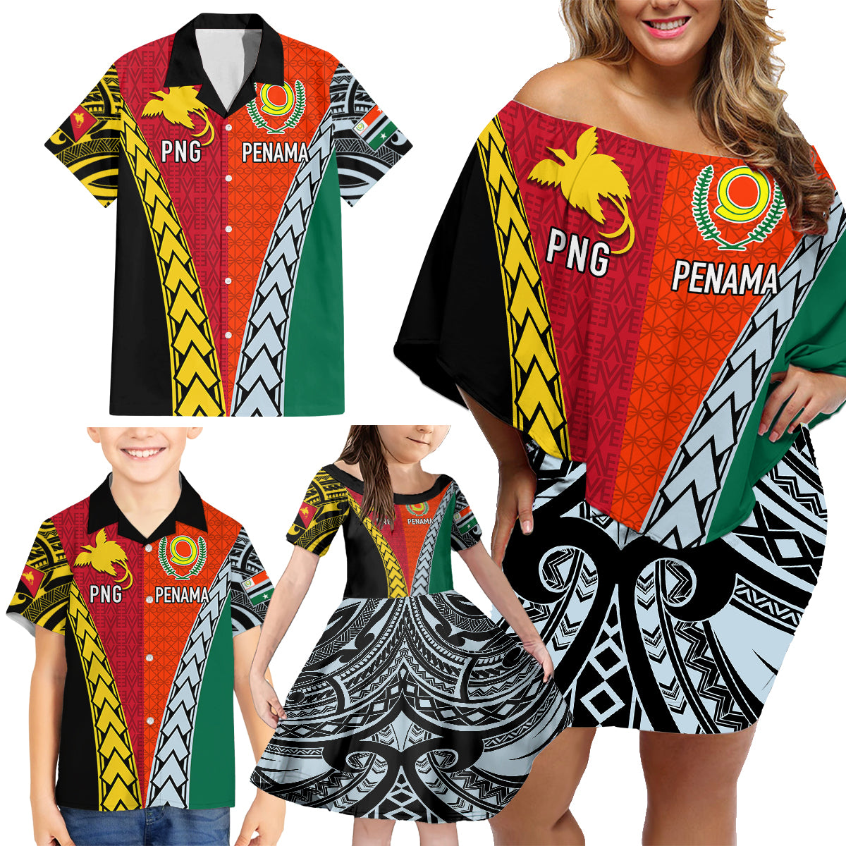 Personalised Papua New Guinea Mix Penama Family Matching Off Shoulder Short Dress and Hawaiian Shirt Tribal Patterns Half-Half Style LT7 - Wonder Print Shop