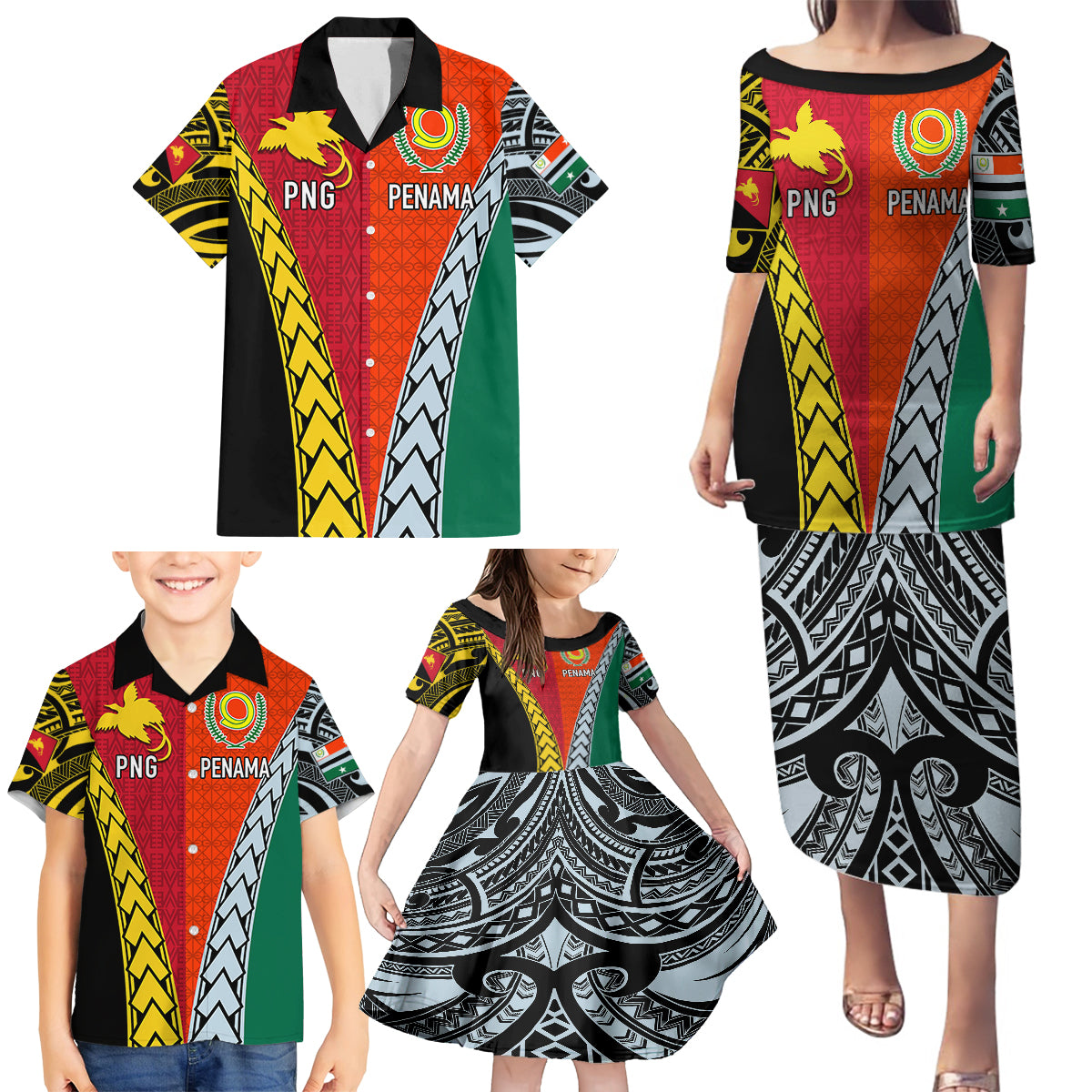Personalised Papua New Guinea Mix Penama Family Matching Puletasi Dress and Hawaiian Shirt Tribal Patterns Half-Half Style - Wonder Print Shop