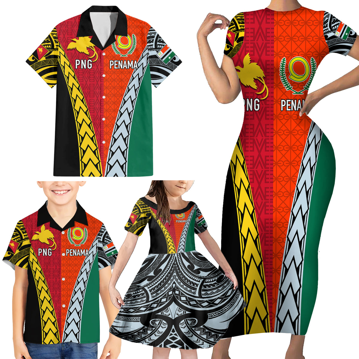 Personalised Papua New Guinea Mix Penama Family Matching Short Sleeve Bodycon Dress and Hawaiian Shirt Tribal Patterns Half-Half Style - Wonder Print Shop