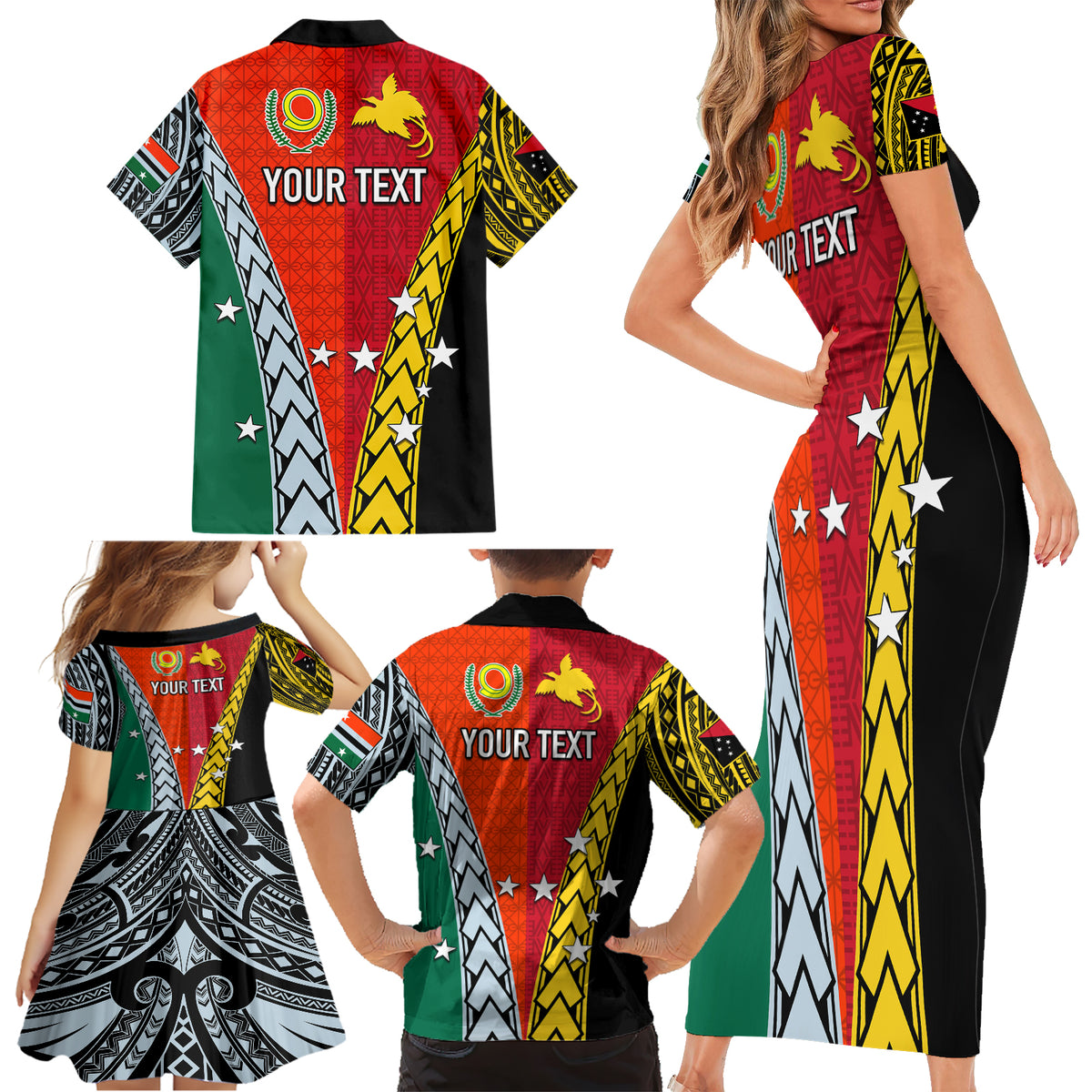 Personalised Papua New Guinea Mix Penama Family Matching Short Sleeve Bodycon Dress and Hawaiian Shirt Tribal Patterns Half-Half Style - Wonder Print Shop