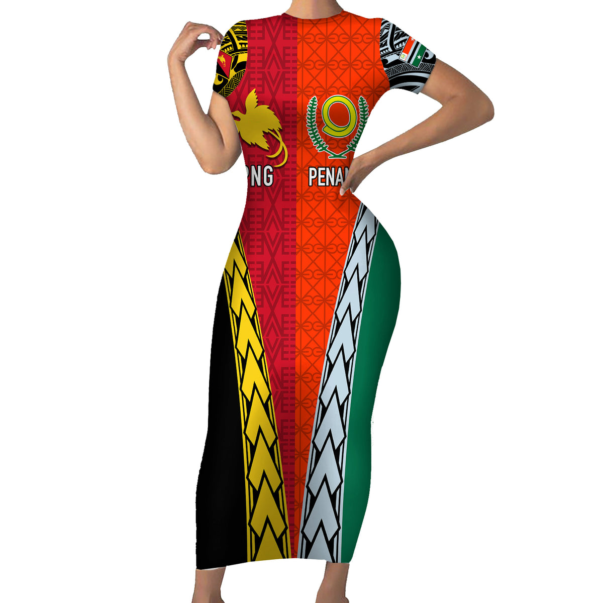 Personalised Papua New Guinea Mix Penama Family Matching Short Sleeve Bodycon Dress and Hawaiian Shirt Tribal Patterns Half-Half Style - Wonder Print Shop