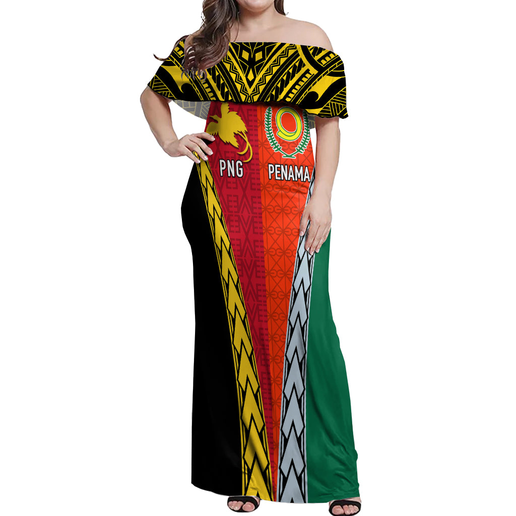 Personalised Papua New Guinea Mix Penama Off Shoulder Maxi Dress Tribal Patterns Half-Half Style - Wonder Print Shop