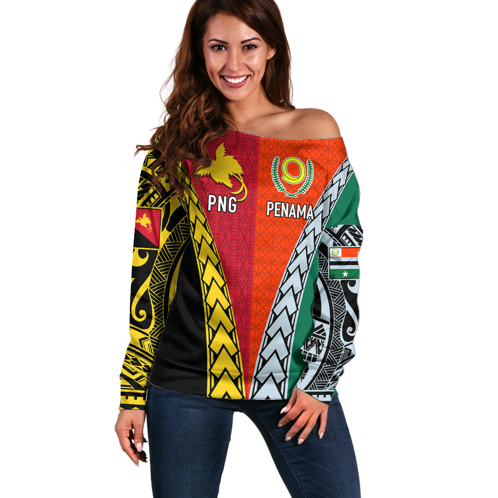 Personalised Papua New Guinea Mix Penama Off Shoulder Sweater Tribal Patterns Half-Half Style - Wonder Print Shop