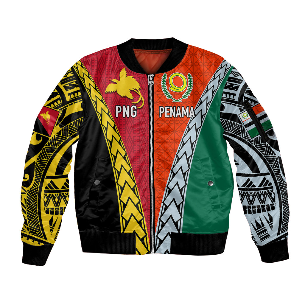 Personalised Papua New Guinea Mix Penama Sleeve Zip Bomber Jacket Tribal Patterns Half-Half Style - Wonder Print Shop