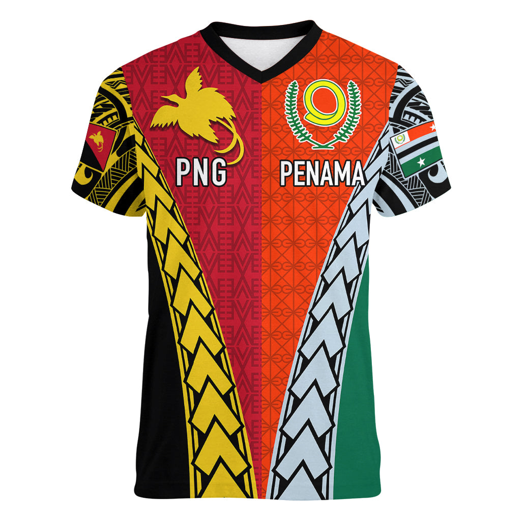 Personalised Papua New Guinea Mix Penama Women V Neck T Shirt Tribal Patterns Half-Half Style - Wonder Print Shop