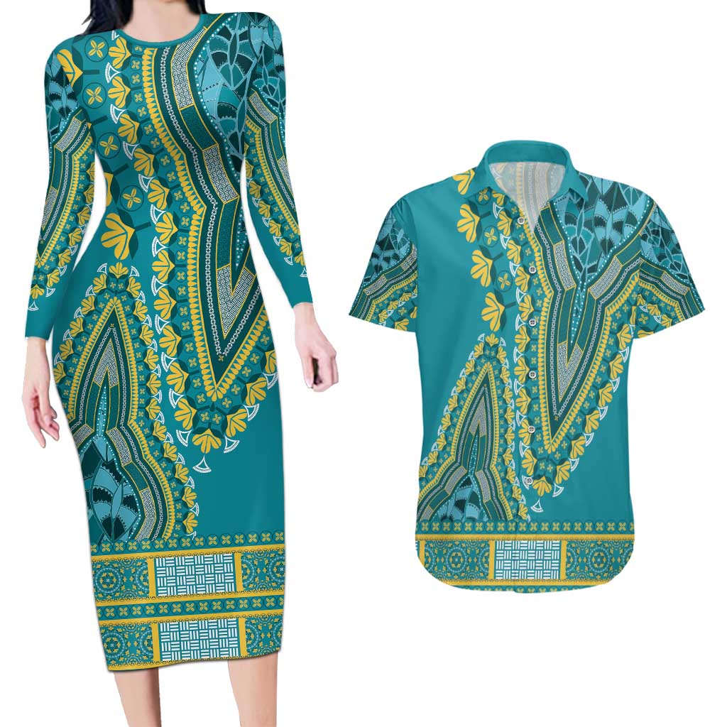 African Dashiki Couples Matching Long Sleeve Bodycon Dress and Hawaiian Shirt Luxury Teal LT7 - Wonder Print Shop